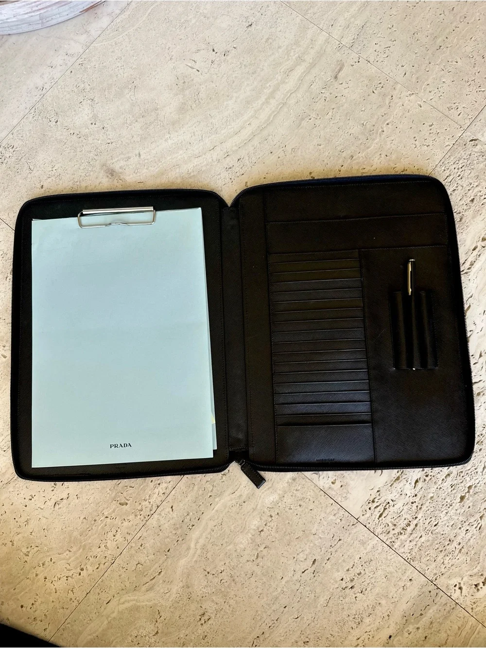 Prada Saffiano Black Leather Zip-around Document Holder in Pristine Condition
